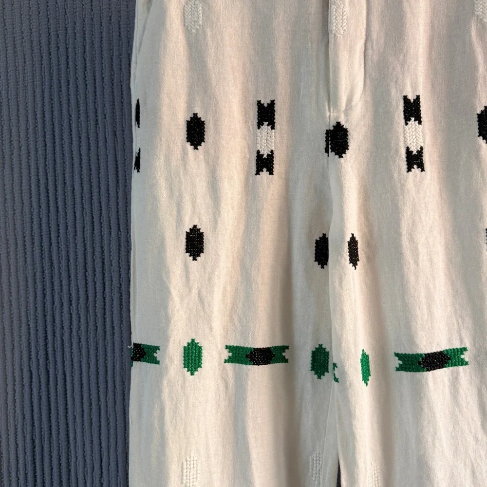 Zara Embroidered Linen Blend Pants Women Straight Leg Pants White Green XS‎